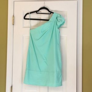 BCBG vibrant turquoise one-shouldered dress